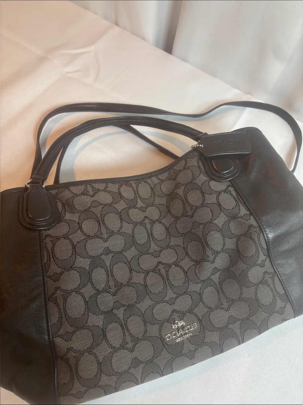 Coach Black Signature Canvas Shoulder Bag with Leather Trim